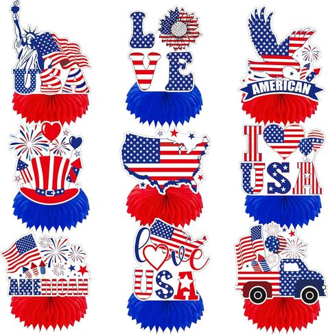 9 Pieces Patriotic USA Honeycomb Table Centerpieces, Statue of Liberty Eagle American Flag Map, Red White Blue Bases, 4th of July Independence Day Memorial Labor Day Party Table Decorations in Saudi Arabia