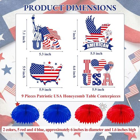 9 Pieces Patriotic USA Honeycomb Table Centerpieces, Statue of Liberty Eagle American Flag Map, Red White Blue Bases, 4th of July Independence Day Memorial Labor Day Party Table Decorations in Saudi Arabia