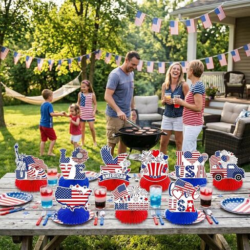 9 Pieces Patriotic USA Honeycomb Table Centerpieces, Statue of Liberty Eagle American Flag Map, Red White Blue Bases, 4th of July Independence Day Memorial Labor Day Party Table Decorations in Saudi Arabia