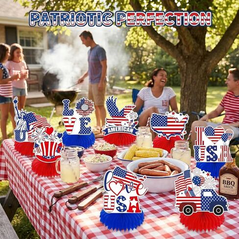 9 Pieces Patriotic USA Honeycomb Table Centerpieces, Statue of Liberty Eagle American Flag Map, Red White Blue Bases, 4th of July Independence Day Memorial Labor Day Party Table Decorations in Saudi Arabia