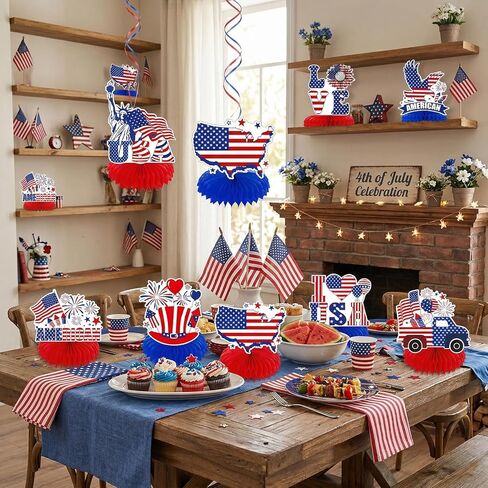 9 Pieces Patriotic USA Honeycomb Table Centerpieces, Statue of Liberty Eagle American Flag Map, Red White Blue Bases, 4th of July Independence Day Memorial Labor Day Party Table Decorations in Saudi Arabia