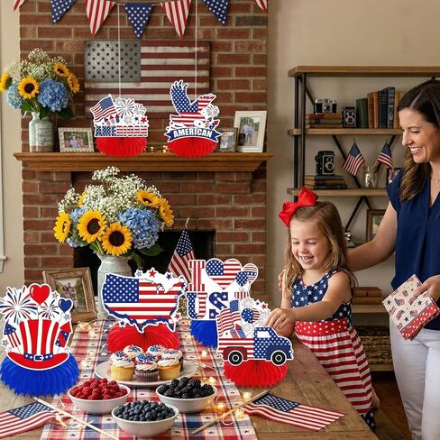 9 Pieces Patriotic USA Honeycomb Table Centerpieces, Statue of Liberty Eagle American Flag Map, Red White Blue Bases, 4th of July Independence Day Memorial Labor Day Party Table Decorations in Saudi Arabia