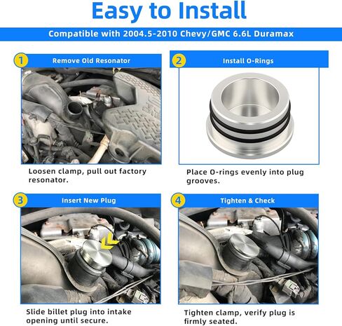 Billet Turbo Resonator Plug Cap Replacement for 551503 Compatible with Chevrolet Silverado GMC Sierra 2500HD 3500HD 6.6L Duramax Diesel 2004.5–2010 LLY LBZ LMM, Silver, with 4 O-Rings in Saudi Arabia