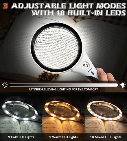 عدسة مكبرة قابلة لإعادة الشحن مع ضوء، عدسة مكبرة مضاءة محمولة 10X 20X 45X مع 18 LED 3 أوضاع، عدسة مكبرة مضادة للوهج مقاس 4.3 بوصة لكبار السن الذين يقرؤون العملات المعدنية عن قرب (أسود) in Saudi Arabia