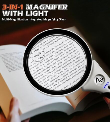 عدسة مكبرة قابلة لإعادة الشحن مع ضوء، عدسة مكبرة مضاءة محمولة 10X 20X 45X مع 18 LED 3 أوضاع، عدسة مكبرة مضادة للوهج مقاس 4.3 بوصة لكبار السن الذين يقرؤون العملات المعدنية عن قرب (أسود) in Saudi Arabia