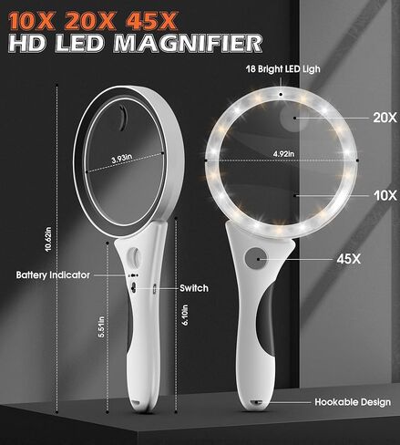عدسة مكبرة قابلة لإعادة الشحن مع ضوء، عدسة مكبرة مضاءة محمولة 10X 20X 45X مع 18 LED 3 أوضاع، عدسة مكبرة مضادة للوهج مقاس 4.3 بوصة لكبار السن الذين يقرؤون العملات المعدنية عن قرب (أسود) in Saudi Arabia