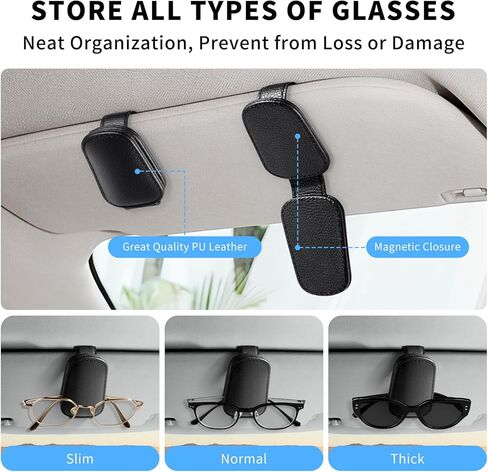 Vanjua 2 Pack Magnetic Leather Sunglass Holder for Car Visor, Universal Visor Sunglasses Holder Clip Car Accessories (Black) in Kuwait