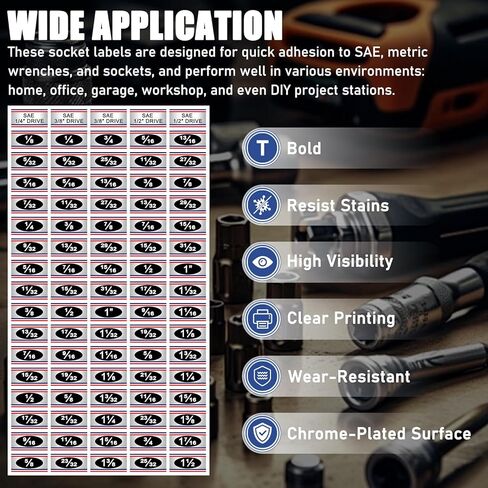 Chrome Socket Labels, Color-Coded Adhesive Stickers for SAE, Metric, Torx, Label Paper,Tool Labels for Organizing Socket Sets in Saudi Arabia