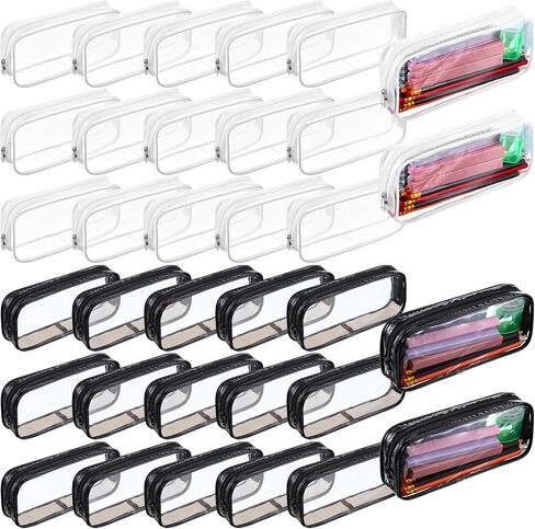 30 Pcs Clear Pencil Pouch Bulk Clear Pencil Case Bag 7.87x 1.38 Inch PVC Waterproof Travel Toiletry Makeup Zipper Pouches for Office Stationery Travel Storage(Black, White) in Kuwait