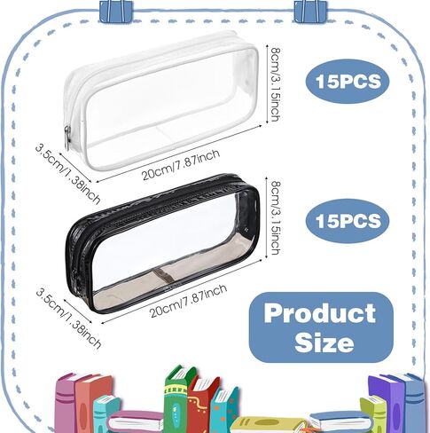 30 Pcs Clear Pencil Pouch Bulk Clear Pencil Case Bag 7.87x 1.38 Inch PVC Waterproof Travel Toiletry Makeup Zipper Pouches for Office Stationery Travel Storage(Black, White) in Kuwait