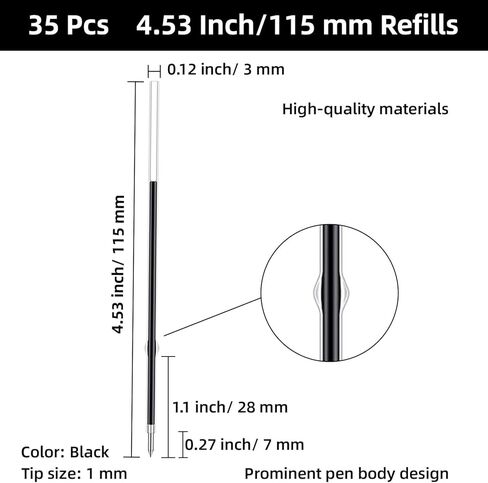 4.53 Inch Retractable Ballpoint Pen Refills, 1 mm Medium Tip Ink Pen Refills for Click Pens (Length 4.53 Inch/115 mm, Can be Cut to 4.2 Inch/107 mm or 3.85 Inch/98 mm) (Black, 35 Pcs) in Saudi Arabia