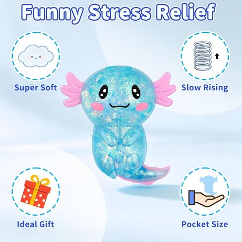Axolotl Squishy Toy Blue, Slow Rising Glitter Fidget Toy, Cute Malt Sugar Axolotl Squishy Stress Relief Sensory Toy, Soft Squeeze Fidget Toy for Kids Teens Adults, Party Favor Gift in Kuwait