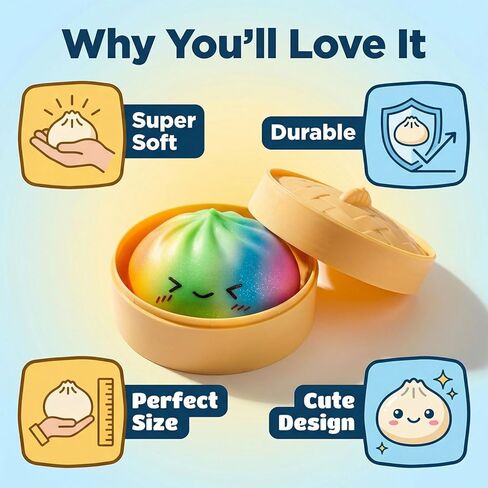 Rainbow Dumpling Toy with Steamer Case, Funny Squeeze Dough Stress Ball, Realistic Steamed Bun Squeezing Toy for Fidget Sensory Anxiety Relief Calming Travel Accessory Gift in Saudi Arabia