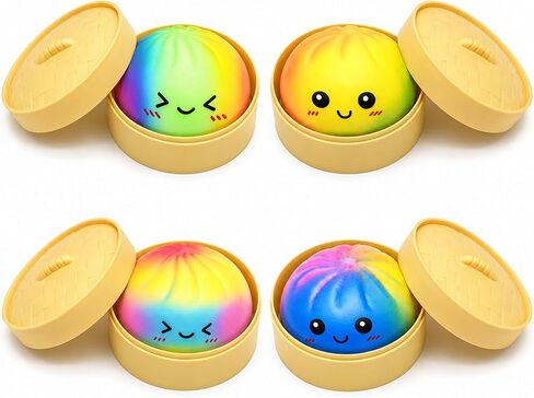 4pcs Tie Dye Dumplings Toy with Steamer Box Funny Squeeze Dough Stress Ball Realistic Steamed Bun Fidget Sensory Toy for Desk Anxiety Relief Calming Travel Accessory Gift in Saudi Arabia
