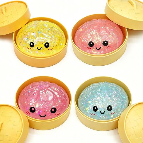 4pcs Tie Dye Dumplings Toy with Steamer Box Funny Squeeze Dough Stress Ball Realistic Steamed Bun Fidget Sensory Toy for Desk Anxiety Relief Calming Travel Accessory Gift in Saudi Arabia