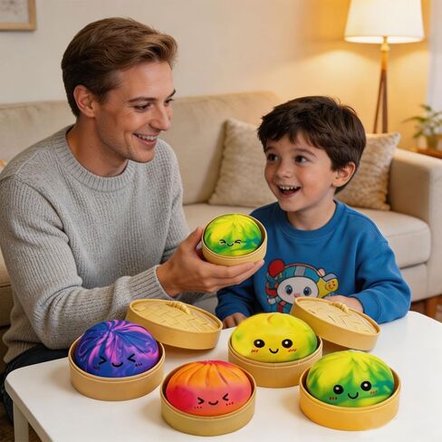 4pcs Tie Dye Dumplings Toy with Steamer Box Funny Squeeze Dough Stress Ball Realistic Steamed Bun Fidget Sensory Toy for Desk Anxiety Relief Calming Travel Accessory Gift in Saudi Arabia