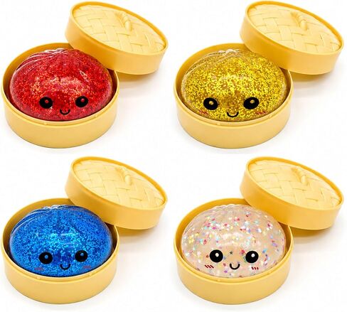 4pcs Tie Dye Dumplings Toy with Steamer Box Funny Squeeze Dough Stress Ball Realistic Steamed Bun Fidget Sensory Toy for Desk Anxiety Relief Calming Travel Accessory Gift in Saudi Arabia