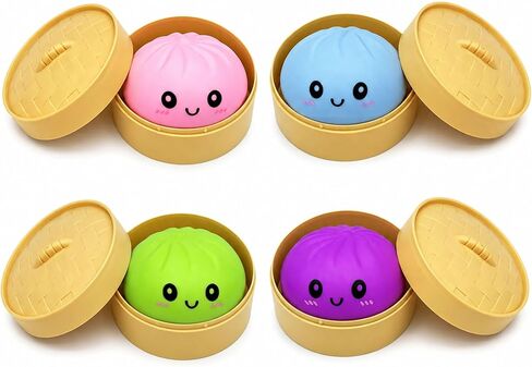 4pcs Tie Dye Dumplings Toy with Steamer Box Funny Squeeze Dough Stress Ball Realistic Steamed Bun Fidget Sensory Toy for Desk Anxiety Relief Calming Travel Accessory Gift in Saudi Arabia