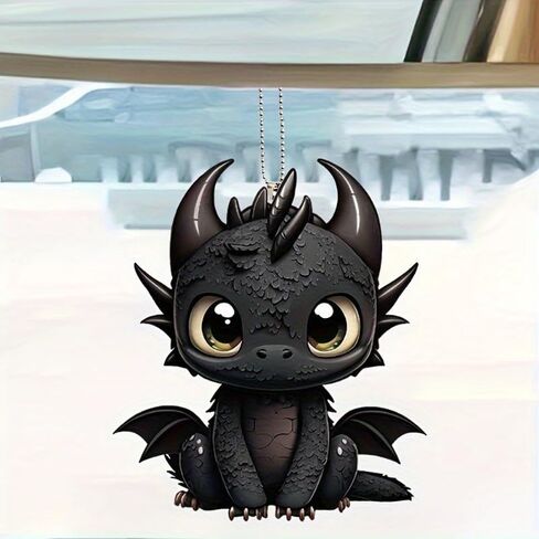 2D Flat Black Dragon Acrylic Car Charm - Fantasy Vehicle Decor, Keychain & Hanging Ornament with Vivid Colors, Perfect for Gamers & Fantasy Lovers in Saudi Arabia