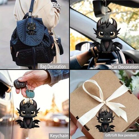 2D Flat Black Dragon Acrylic Car Charm - Fantasy Vehicle Decor, Keychain & Hanging Ornament with Vivid Colors, Perfect for Gamers & Fantasy Lovers in Saudi Arabia