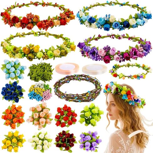 153 قطعة (30 مجموعة) مجموعة صنع تيجان الزهور DIY، مجموعة حرفية إكليل تاج الزهور المصنوعة يدويًا، اصنع إكسسوارات شعر الزهور الخاصة بك هدية للنساء in Kuwait