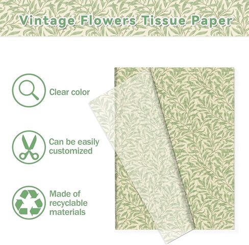 100 Sheets 20 x 14 Inch Sage Green Leaf William Morris Style Tissue Paper, Vintage Green Leaf Printed Decorative Wrapping Tissue Paper, Art Tissue Paper for Party Gift Bags Fillers, Birthday, Wedding in Saudi Arabia