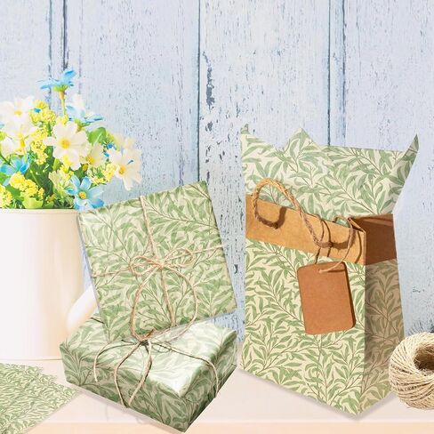 100 Sheets 20 x 14 Inch Sage Green Leaf William Morris Style Tissue Paper, Vintage Green Leaf Printed Decorative Wrapping Tissue Paper, Art Tissue Paper for Party Gift Bags Fillers, Birthday, Wedding in Saudi Arabia