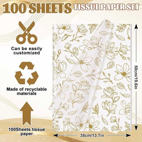 Whaline 100 Sheets Gold Foil Floral Tissue Paper Flower Decorative Gift Wrapping Tissue for Wedding Birthday Bridal Shower Party DIY Crafts Supplies, 13.7 x 19.6 Inch in Kuwait