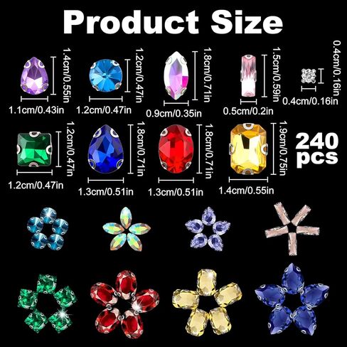 240PCS Sew On Rhinestones for Hats, Sew Bedazzling Kit for Crafting & Nails, Multi-Color Claw Flatback Crystal Gems with Metal Base, Large Gems for Bedazzling Clothes Shoes Bags DIY Accessories in Kuwait
