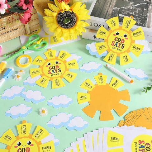 24 Sets Sunday School Crafts for Kids DIY God Says You Are Sun Paper Craft Kit Religious Christian Bible Hanging Ornaments with Stickers for Church VBS Home School Classroom Faith Activities Gifts in Kuwait