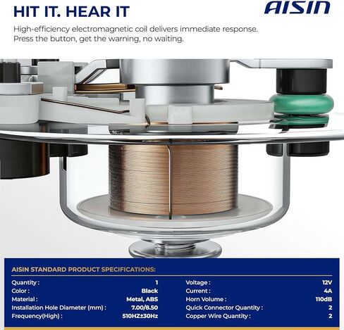 AISIN AFTERMARKET HORAZ-00001 قرن حلزون كهربائي عالي النغمة عالمي - متوافق مع سيارات الركاب والمركبات على الطرق الوعرة والدراجات النارية والشاحنات والمركبات التجارية - 110 ديسيبل 12 فولت 4 أمبير 80 مم in Kuwait