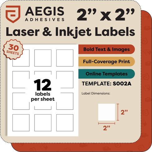 2" X 2" Square Printable Labels for Inkjet and Laser Printers - 30 Sheets, 360 Matte White Custom Stickers for Business Logos, QR Code Stickers, Product Labeling - Aegis Adhesives Template S002A in Kuwait