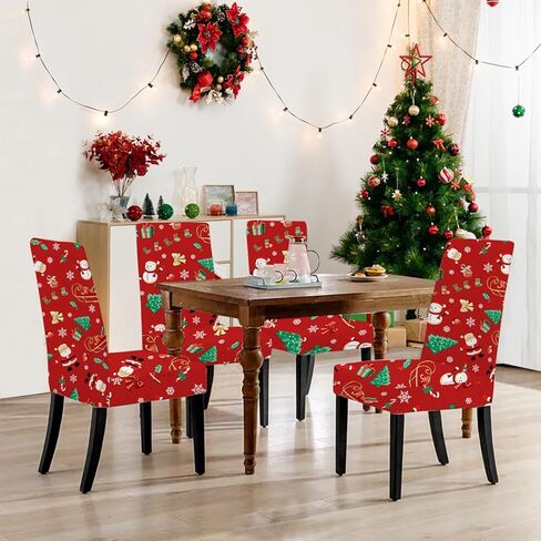 Christmas Chair Covers Set of 6 Stretch Dining Room Chair Protector Slipcovers Santa Claus Red Kitchen Seat Covers Spandex Decorations for Xmas Holiday Party Banquet Home Decor (6) in Saudi Arabia