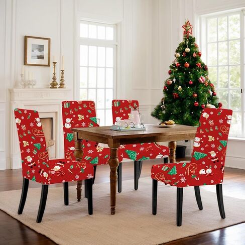 Christmas Chair Covers Set of 6 Stretch Dining Room Chair Protector Slipcovers Santa Claus Red Kitchen Seat Covers Spandex Decorations for Xmas Holiday Party Banquet Home Decor (6) in Saudi Arabia