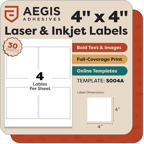4" X 4" Square Printable Labels for Inkjet and Laser Printers - 30 Sheets, 120 Matte White Custom Stickers for Business Logos, QR Code Stickers, Product Labeling - Aegis Adhesives Template S004A in Saudi Arabia