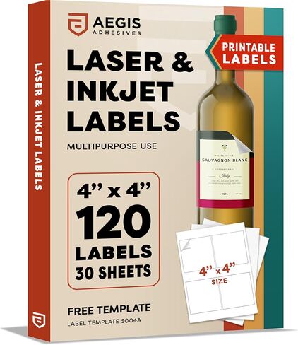 4" X 4" Square Printable Labels for Inkjet and Laser Printers - 30 Sheets, 120 Matte White Custom Stickers for Business Logos, QR Code Stickers, Product Labeling - Aegis Adhesives Template S004A in Saudi Arabia