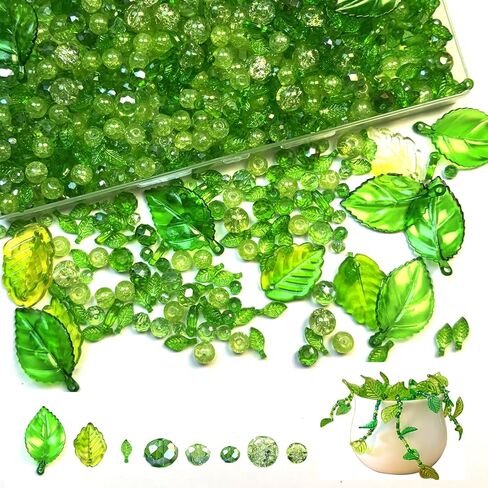 1000pcs Green Glass Beads for Jewelry Making, Round Crackle Facted Leaf Crystal Beads for Plant DIY Bracelet Necklace Earring Craft Kit with Organizer Box, Acrylic Leaf in Saudi Arabia