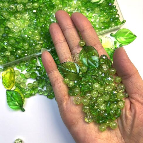 1000pcs Green Glass Beads for Jewelry Making, Round Crackle Facted Leaf Crystal Beads for Plant DIY Bracelet Necklace Earring Craft Kit with Organizer Box, Acrylic Leaf in Saudi Arabia
