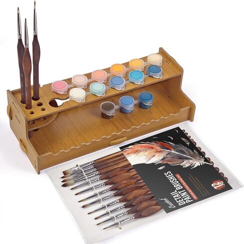 Bougimal 12 Pcs Detail Paint Brushes and Wooden Organizer Rack 2-in-1 Set, Holds Detail Brushes for Easy Access & Optimizes Workspace, Paint by Numbers Kits Accessories and Tools for Adults in Saudi Arabia