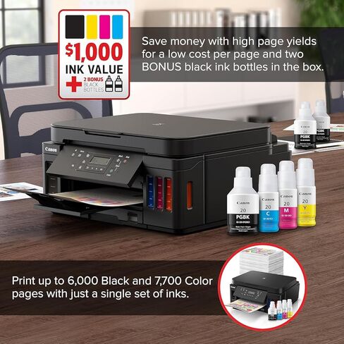 طابعة Canon PIXMA G6020 MegaTank الكل في واحد للمكتب المنزلي والعمل المدرسي والملصقات والصور والحرف اليدوية والطباعة اللاسلكية من الأجهزة (3113C002) + كابل الطابعة + مجموعة التنظيف + المزيد (حزمة مكونة من 12 قطعة) in Kuwait
