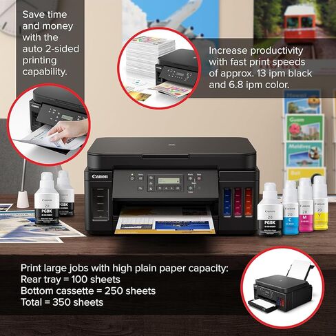 طابعة Canon PIXMA G6020 MegaTank الكل في واحد للمكتب المنزلي والعمل المدرسي والملصقات والصور والحرف اليدوية والطباعة اللاسلكية من الأجهزة (3113C002) + كابل الطابعة + مجموعة التنظيف + المزيد (حزمة مكونة من 12 قطعة) in Kuwait