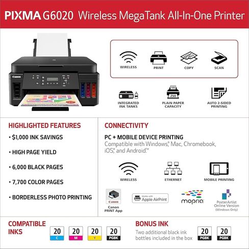 طابعة Canon PIXMA G6020 MegaTank الكل في واحد للمكتب المنزلي والعمل المدرسي والملصقات والصور والحرف اليدوية والطباعة اللاسلكية من الأجهزة (3113C002) + كابل الطابعة + مجموعة التنظيف + المزيد (حزمة مكونة من 12 قطعة) in Kuwait