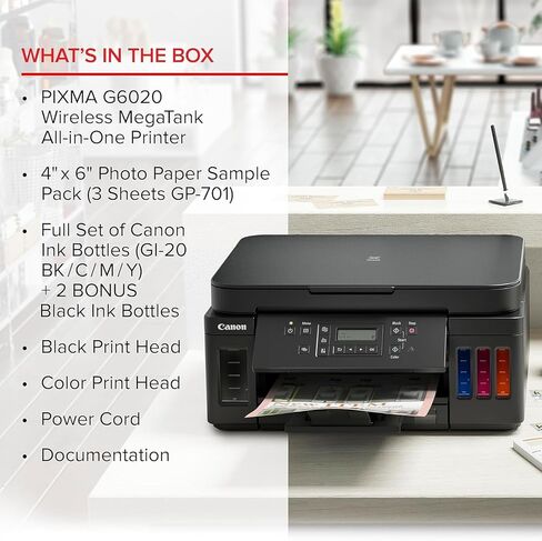 طابعة Canon PIXMA G6020 MegaTank الكل في واحد للمكتب المنزلي والعمل المدرسي والملصقات والصور والحرف اليدوية والطباعة اللاسلكية من الأجهزة (3113C002) + كابل الطابعة + مجموعة التنظيف + المزيد (حزمة مكونة من 12 قطعة) in Kuwait