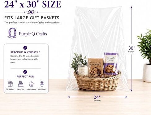 أكياس سلة شفافة من Purple Q Crafts، 20 عبوة كبيرة من غلاف السيلوفان الشفاف للسلال والهدايا، مقاس 60.96 سم × 76.2 سم، بسمك 1.5 مل (20) in Kuwait