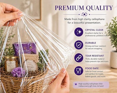 أكياس سلة شفافة من Purple Q Crafts، 20 عبوة كبيرة من غلاف السيلوفان الشفاف للسلال والهدايا، مقاس 60.96 سم × 76.2 سم، بسمك 1.5 مل (20) in Kuwait