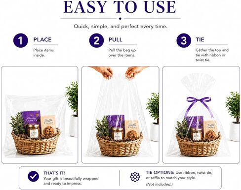 أكياس سلة شفافة من Purple Q Crafts، 20 عبوة كبيرة من غلاف السيلوفان الشفاف للسلال والهدايا، مقاس 60.96 سم × 76.2 سم، بسمك 1.5 مل (20) in Kuwait