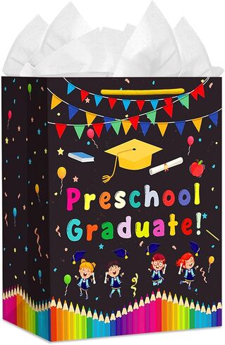 JUESMOS Preschool Graduation Gift Bag with Tissue Paper 13'' Class of 2026 Graduation Gift Bag with Handles for Kids Large Graduations Wrapping Paper Bags for Preschool PreK Boys Girls Party Supplies in Kuwait