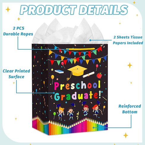JUESMOS Preschool Graduation Gift Bag with Tissue Paper 13'' Class of 2026 Graduation Gift Bag with Handles for Kids Large Graduations Wrapping Paper Bags for Preschool PreK Boys Girls Party Supplies in Kuwait