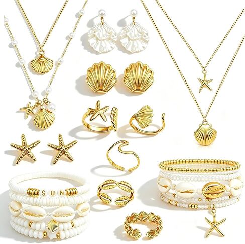 Seashell Starfish Jewelry Set for Women Sea shell Charm Necklace Summer Beach Bracelets Ocean Earrings Rings Nautical Anklet Set for Seaside Vacation in Saudi Arabia