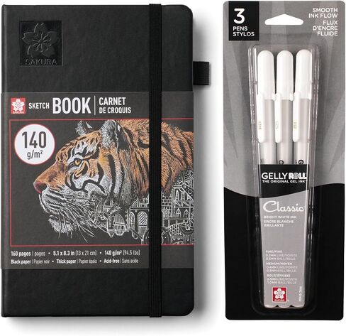 Sakura A5 Sketchbook & Gelly Roll White Bundle - Stationery Bundle for Sketching & Creative Contrast - A5 Sketchbook with 140 GSM Paper - Opaque White Ink Pens - Black Paper - 5.1 x 8.3" in Kuwait